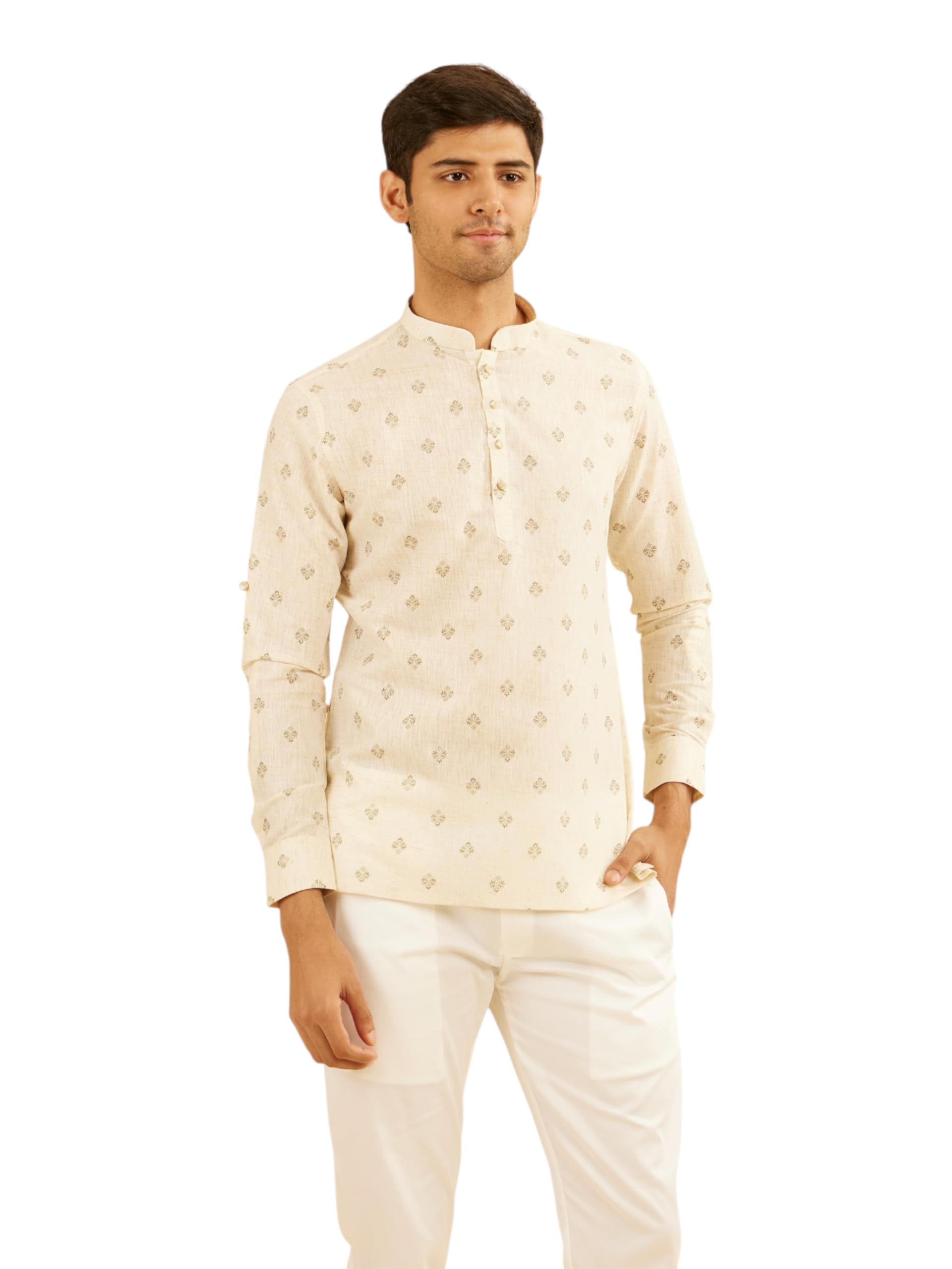 Manyavar Mens Cotton Blend Buta Motifs Printed Short Kurta (Beige,XL)