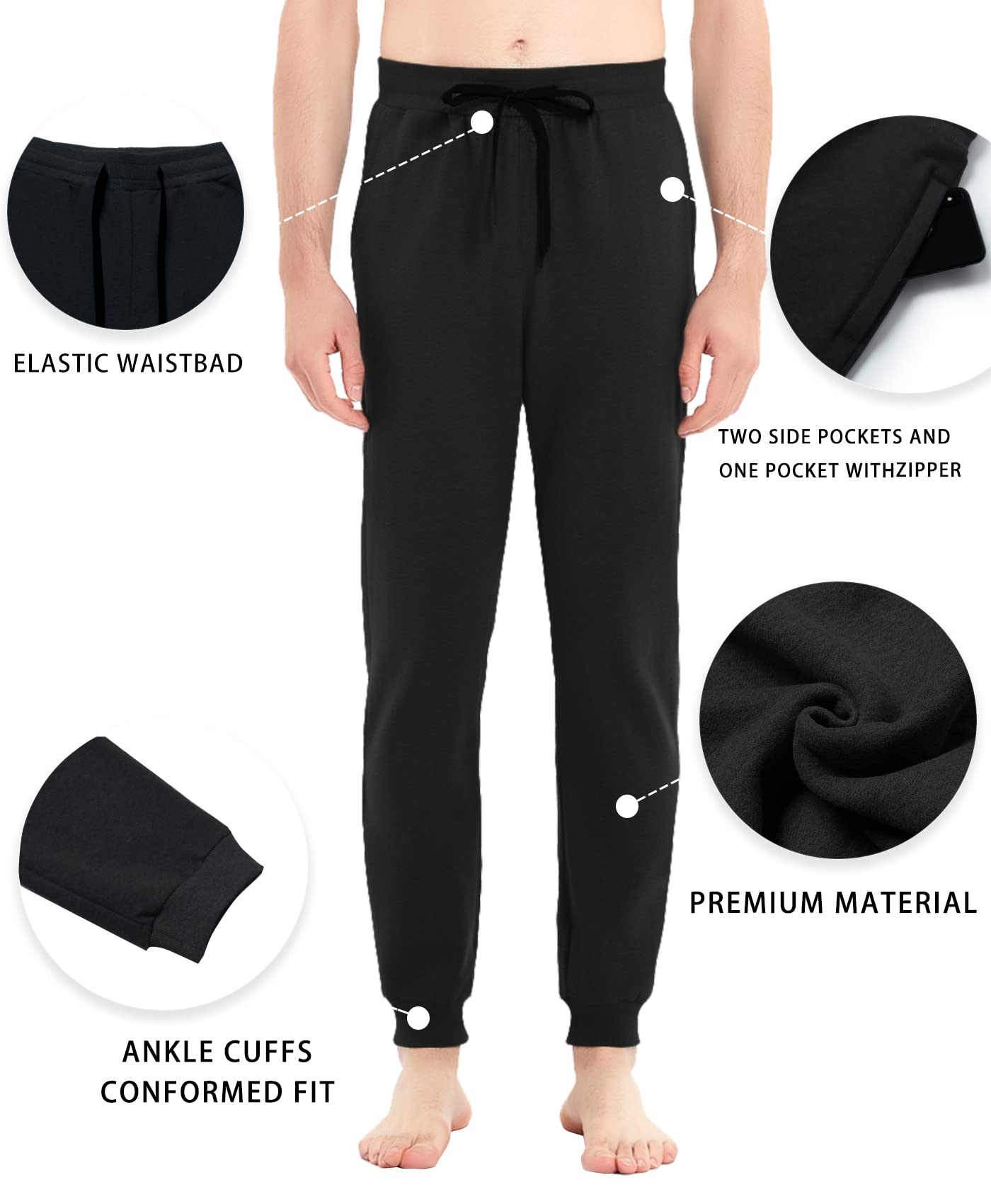 Idtswch 36 Long Inseam Mens Tall Sweatpants Extra Long Joggers Pant with Zip Pockets Black