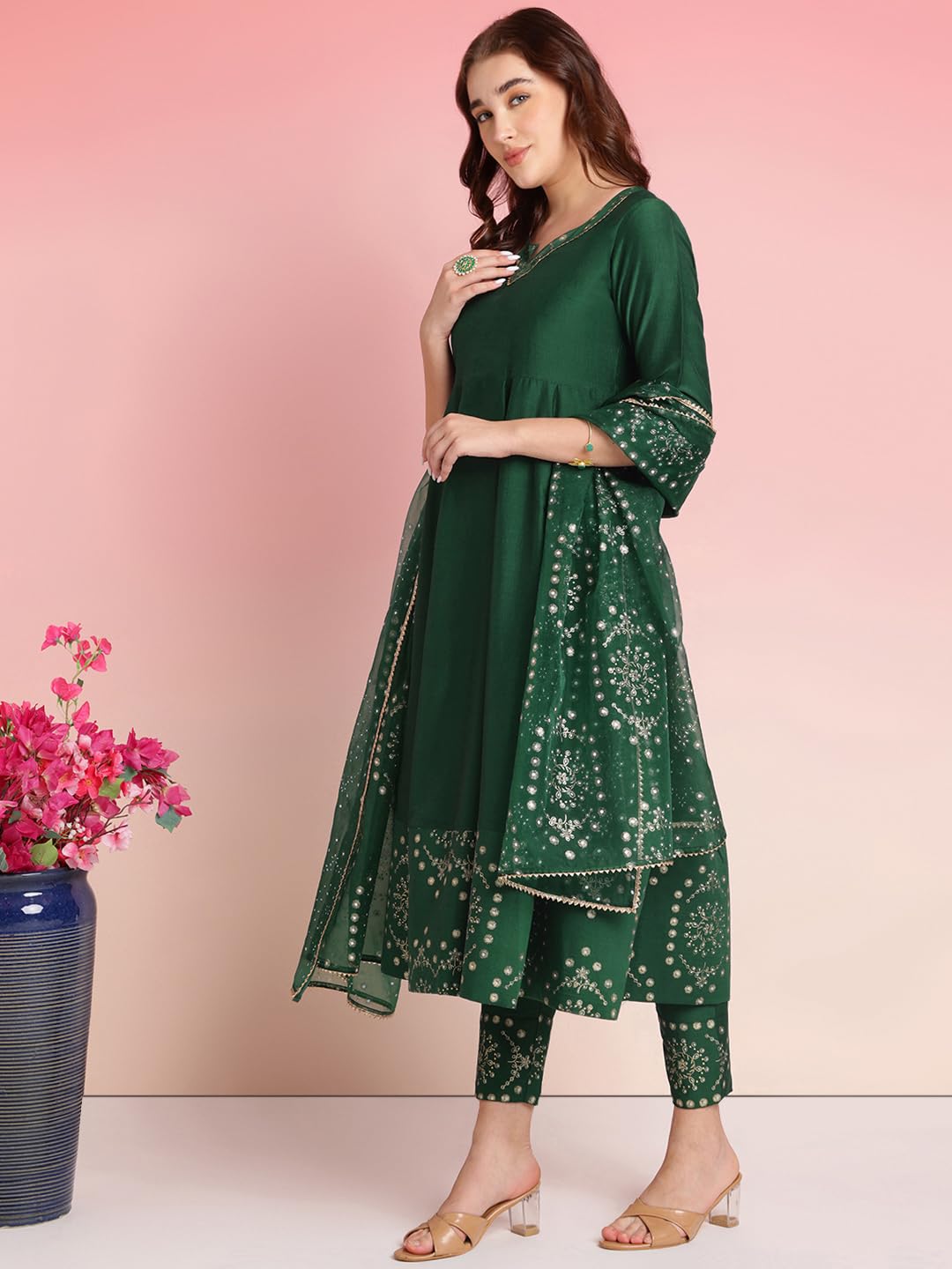 ANNI DESIGNER Womens Rayon Blend Printed Anarkali Kurta with Pant & Dupatta (Varuna Green_M_Green_Medium)