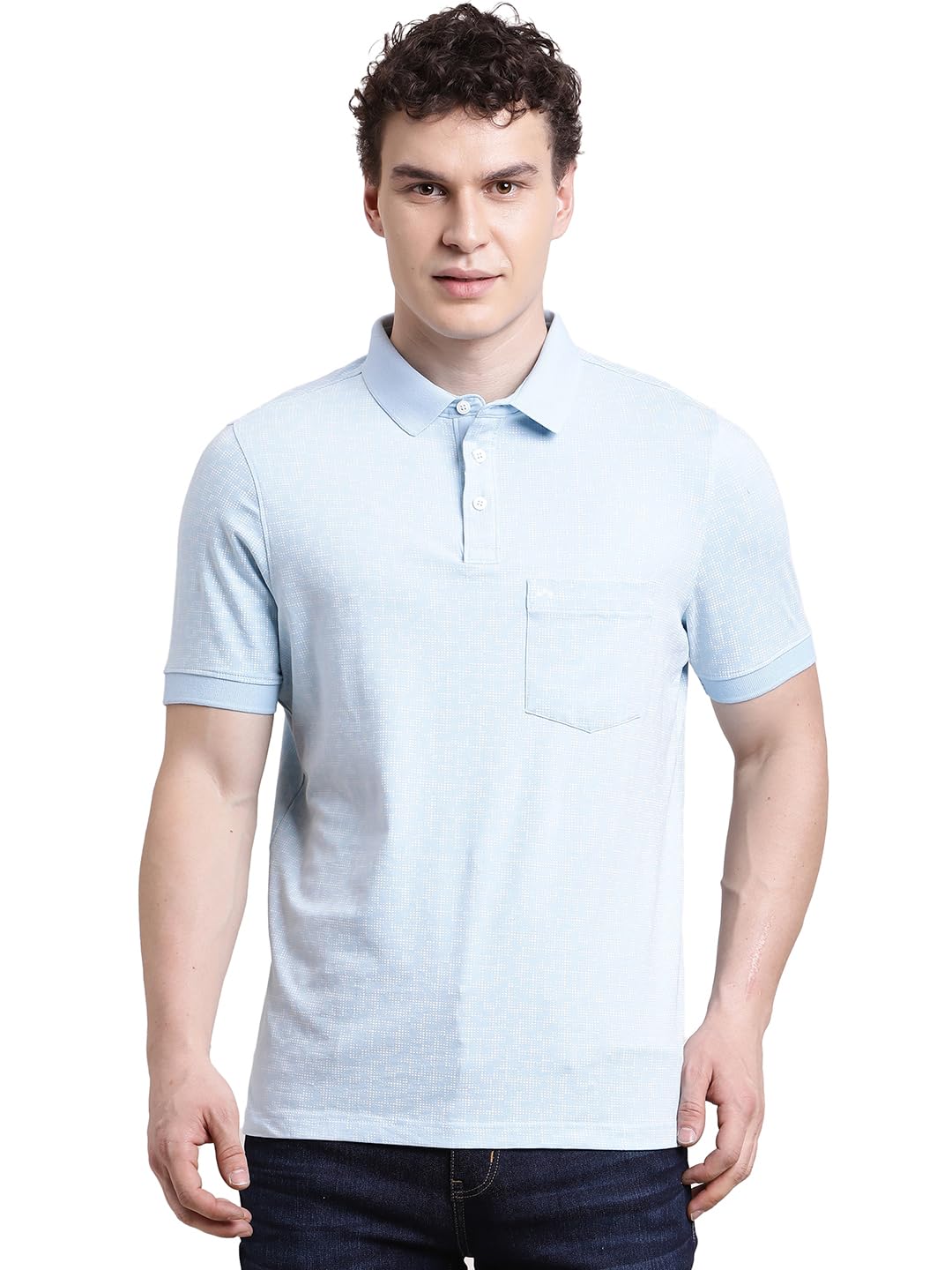 Turtle Men Light Blue Printed Slim Fit Cotton Stretch Polo T-Shirt
