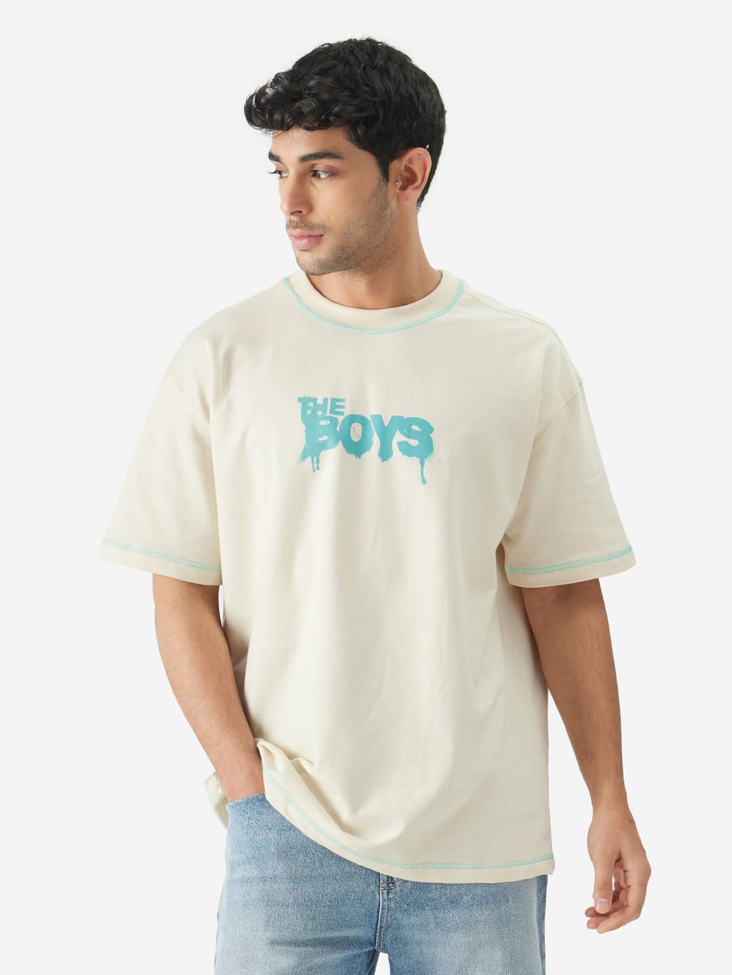The Souled Store Official The Boys: Doodle Men and Boys Round Neck Short Sleeve White Graphic Print Cotton Oversized Fit T-Shirt
