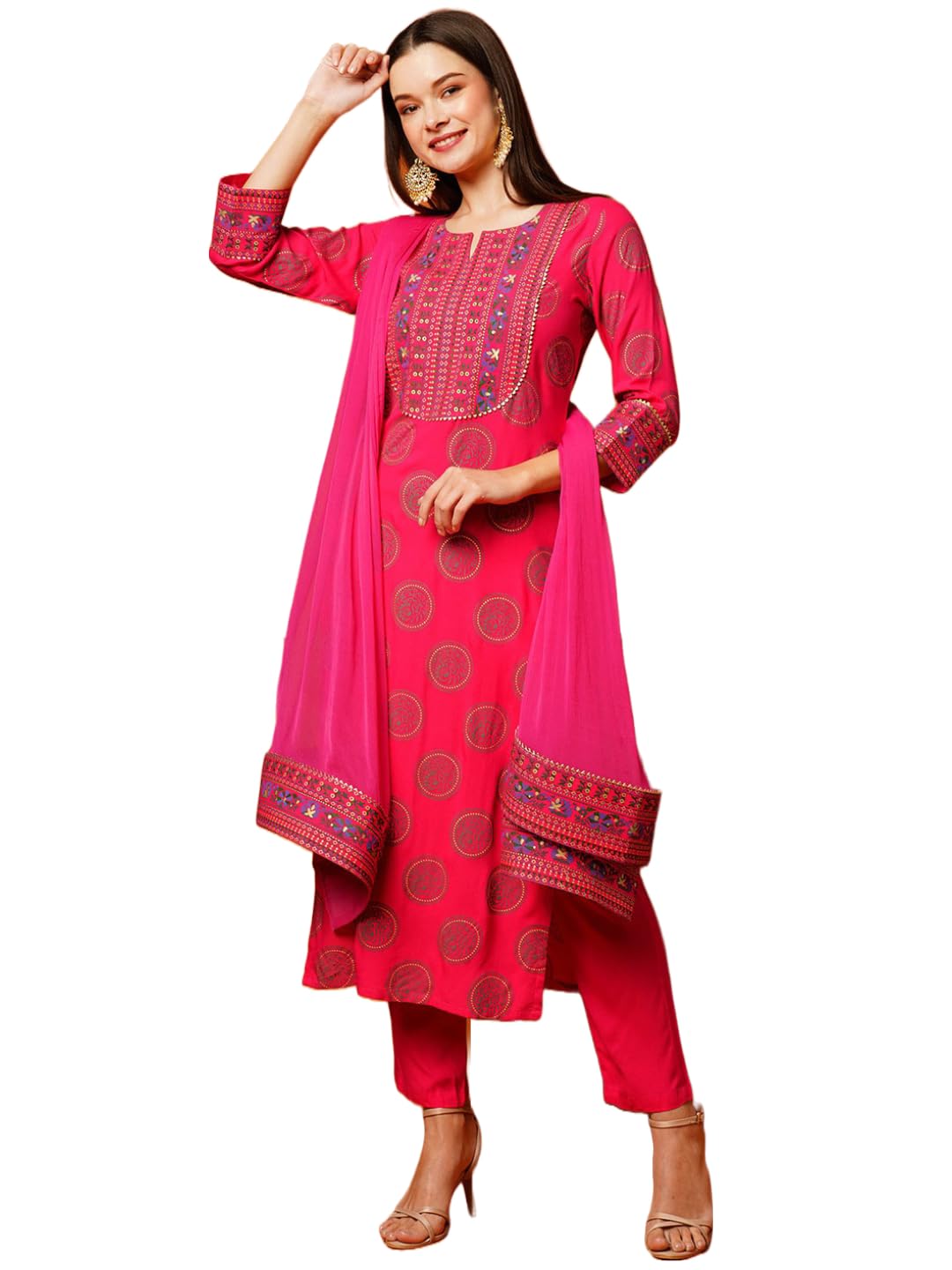 ANNI DESIGNER Womens Cotton Blend Printed Straight Kurta with Pant & Dupatta (NOV-Pink-Nw_4XL_Pink_XXXX-Large)