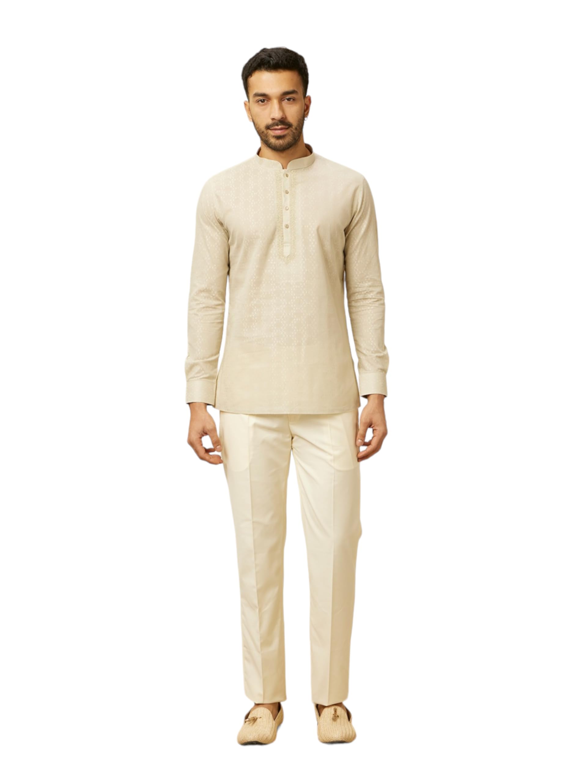 Manyavar Green Cotton Embroidery Short Kurta