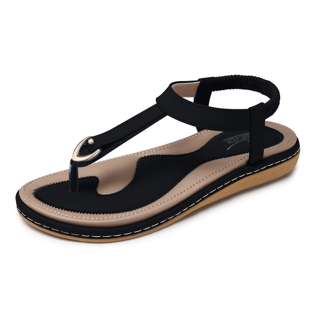 SHIBEVER Womens Sandals Summer Flat: Dressy Casual T-Strap Flip Flop Thong Flat Sandals - Black Size 6 Comfortable Walking