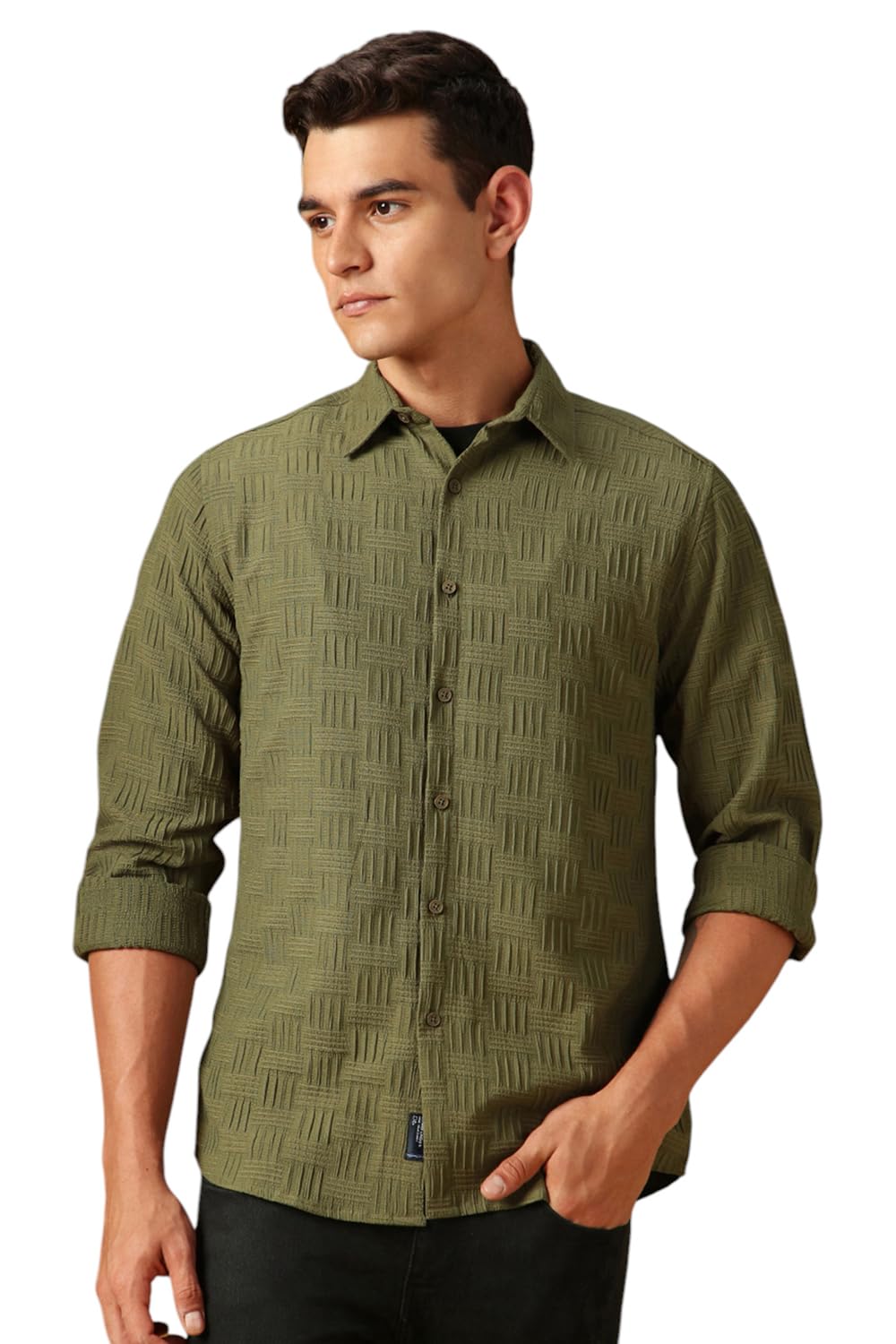 Dennis Lingo Men Textured Cotton Poly Regular Fit Full Sleeves Shirts Olive