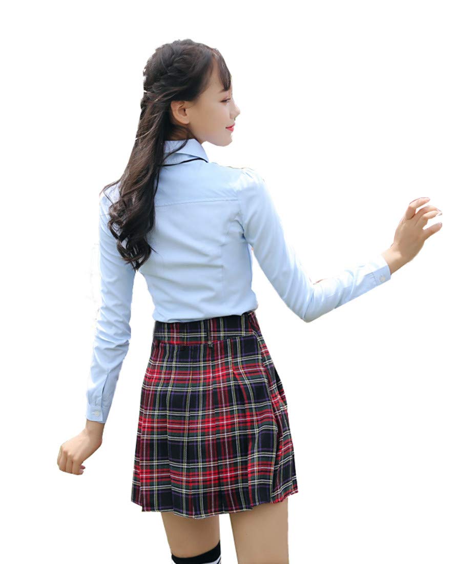 Girl's Japan School Plaid leated Uniform Fancy Skirts (S,Black Mixed Rose Red)