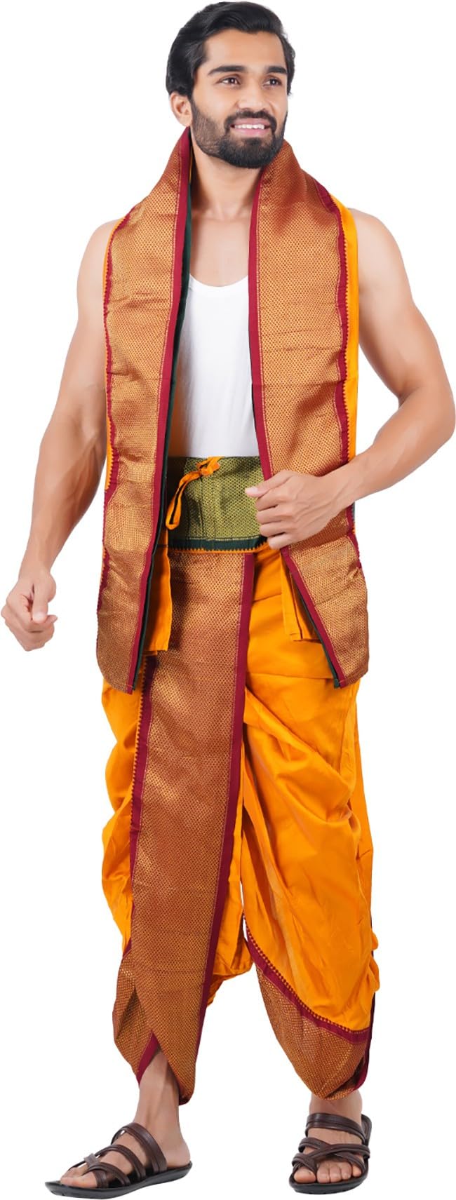 Prakasam Cotton Mens Asha Silk Panchakacham Ready To Wear Dhoti Towel Set With Pocket/Panchakacham Dhoti With Angavastram (Stitc