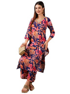 ANNI DESIGNER Womens Cotton Blend Straight Printed Straight Fit Kurta With Palazzo (Chinki Blue_L_Blue_Large)