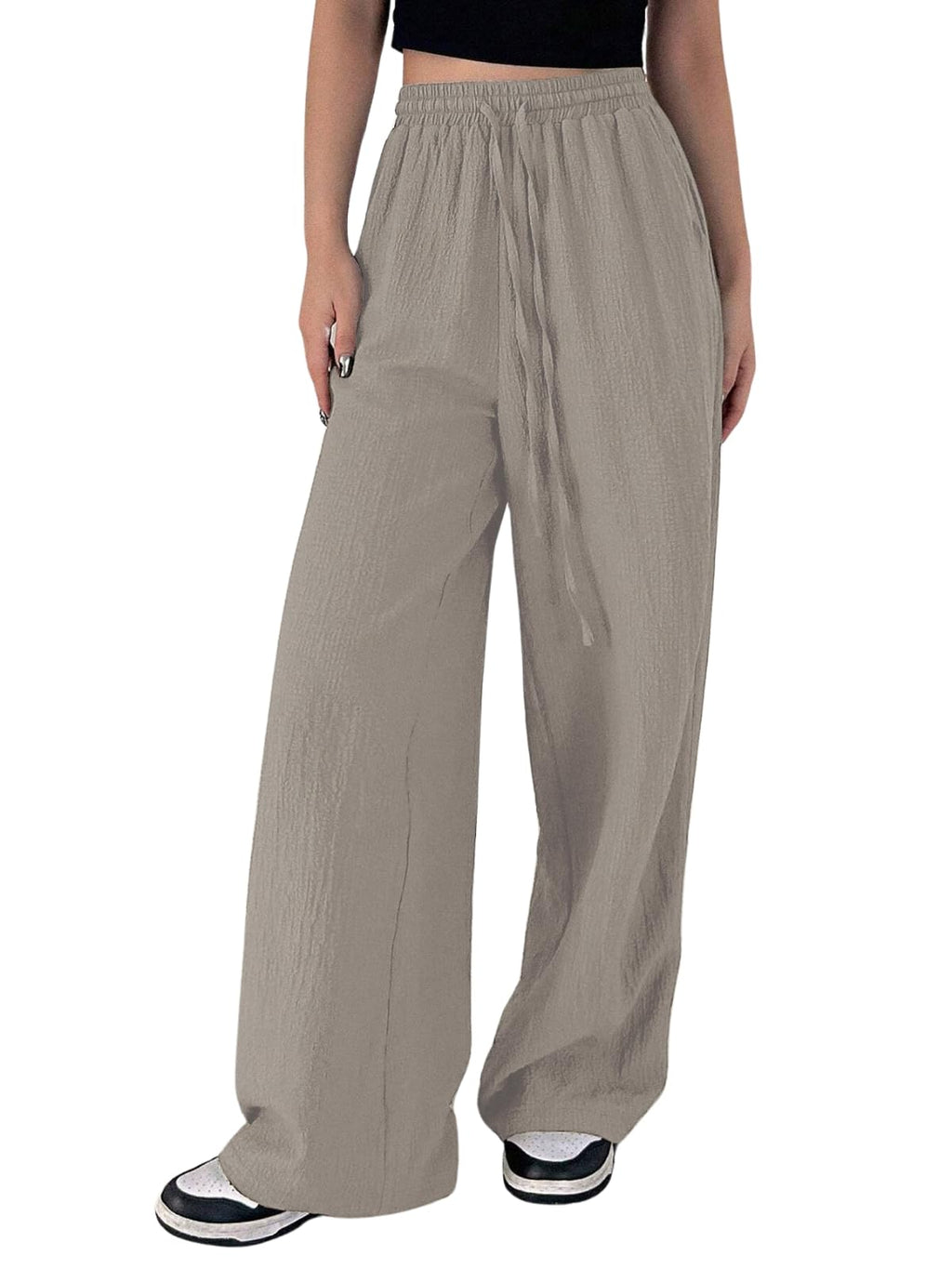 GRECIILOOKS Textured Trousers for Women Oversized Wide Leg Trousers (GL-TR1028-S-BEIGE)