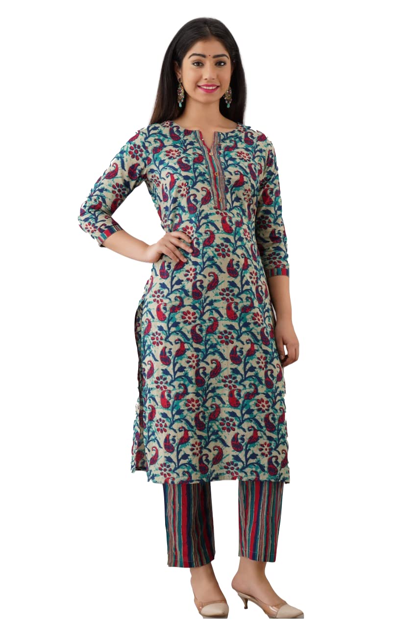 Anni Designer WomenS Cotton Blend Straight Kurta With Pant (Mikin New Blue_Xxl_Blue_Xx-Large)