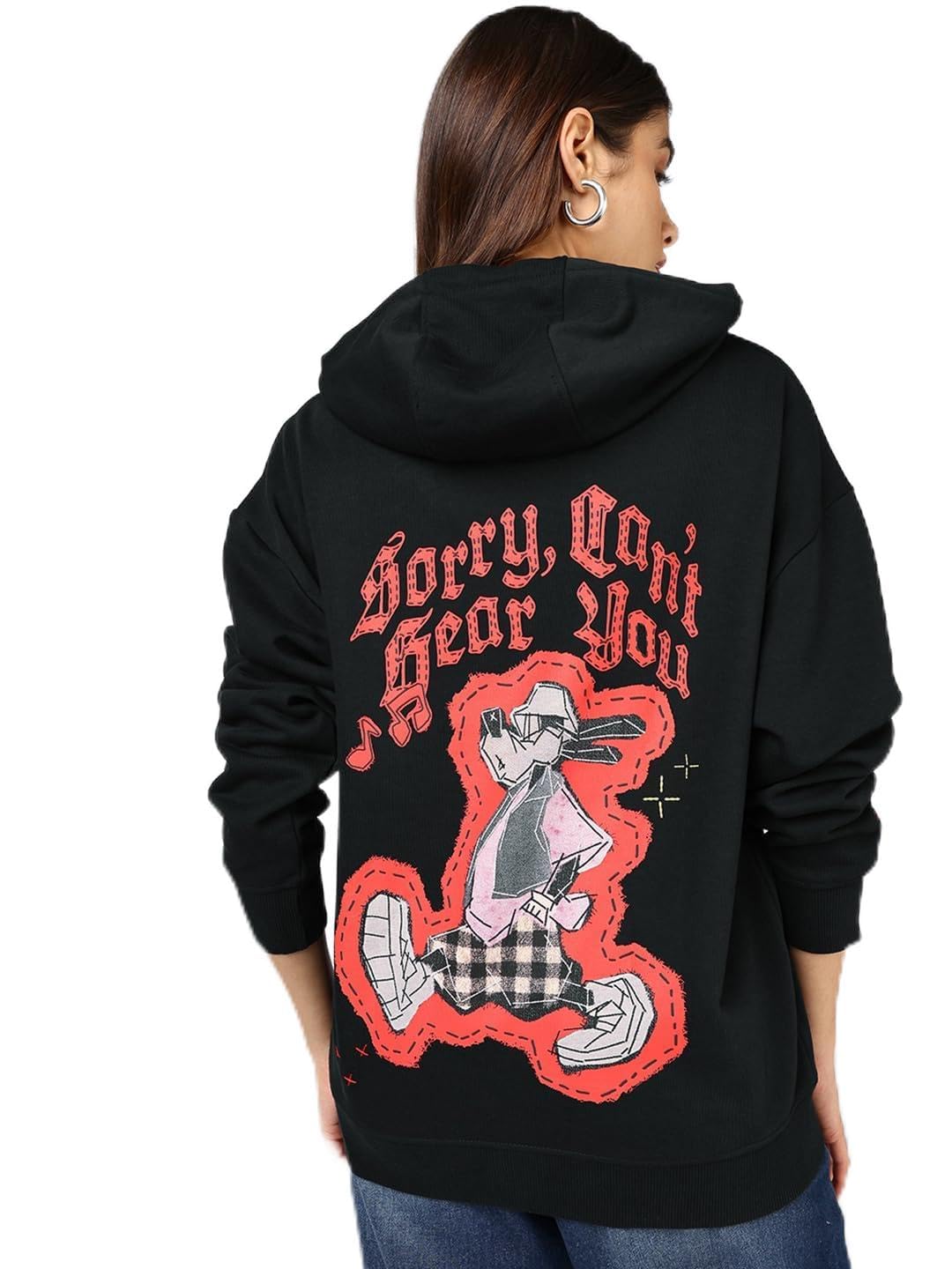 Bewakoof Official Disney Merchandise Goofy WomenS Graphic Print Oversized Fit Full Sleeve Hooded Fleece Hoodies_694308_Black_L