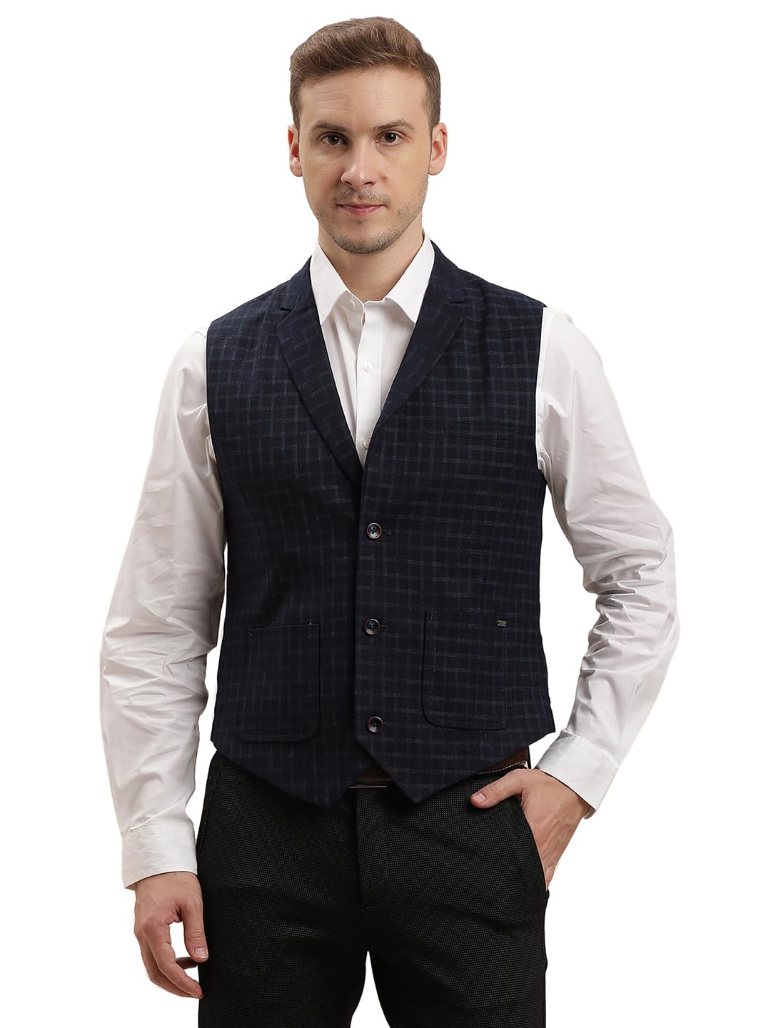 Turtle Men Terry Rayon Self Design Navy Waistcoat