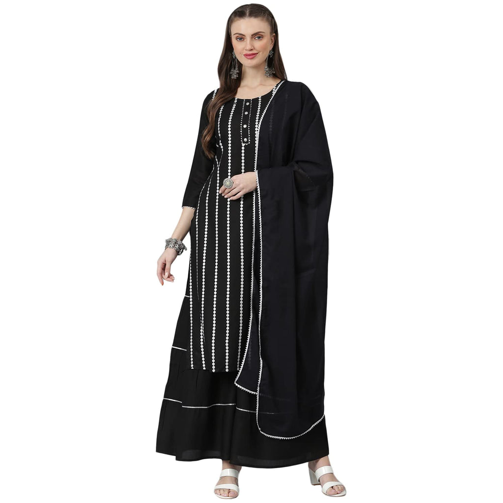 Stylum Women'S Embellished Rayon Kurta Sharara Dupatta Set (Blackshararaset36_Black, S)