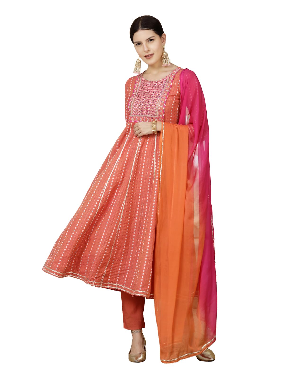 Stylum Womens Woven Designed & Embroidered Cotton Blend Anarkali Kurta Pant Dupatta Set (KPDCORALVISA36_Coral, S)