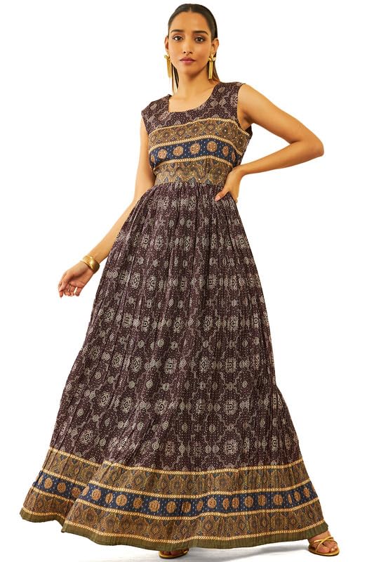 Soch Women Art Silk Bandhani Printed Pleated Dress with Sequins
