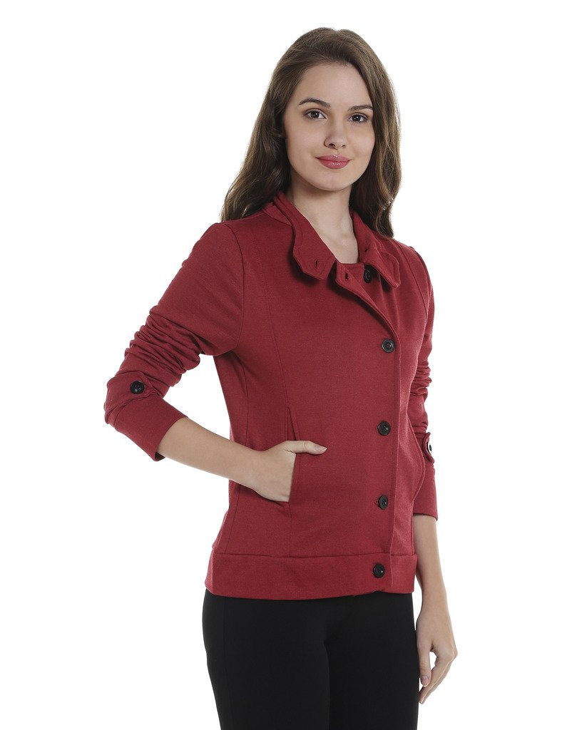 Campus Sutra Womens Red Solid Cotton Jacket Regular Fit for Casual Wear | Collar with Hoodie | Single Breasted | Stylish Jacket