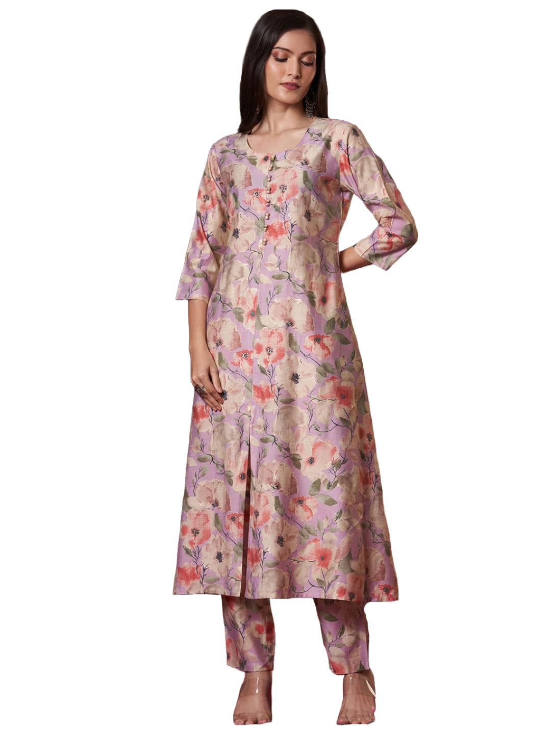 ANNI DESIGNER Womens Rayon Blend Straight Printed Kurta with Pant (Bhaskar Lavender_L_Lavender_Large)