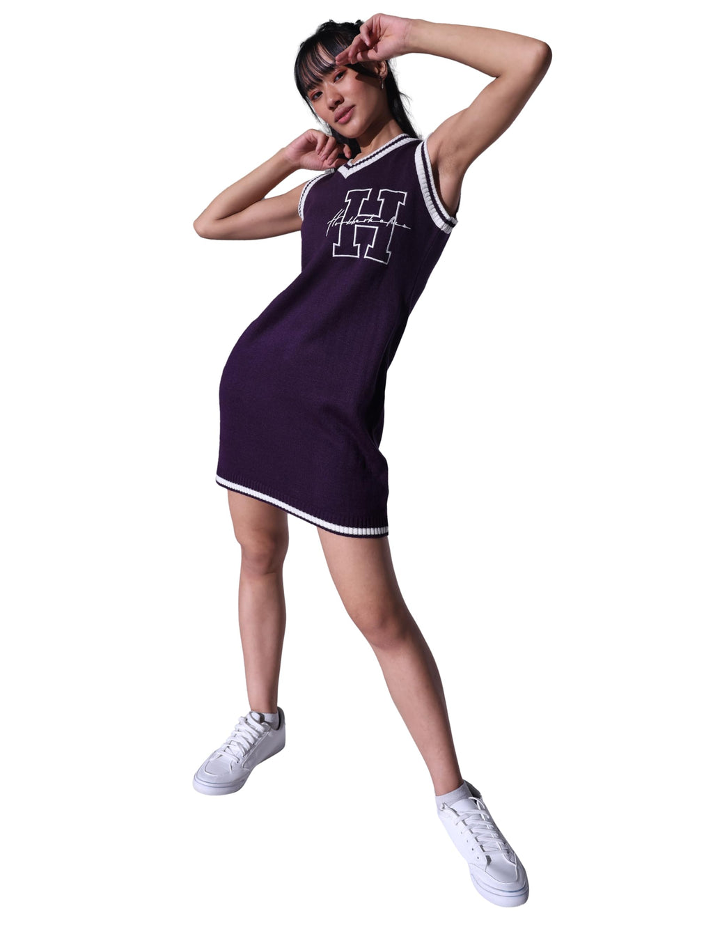 Hubberholme Women Sweater Purple Varsity Regular V Neck Sleeveless Dress Hhwsww23004_Pl_M