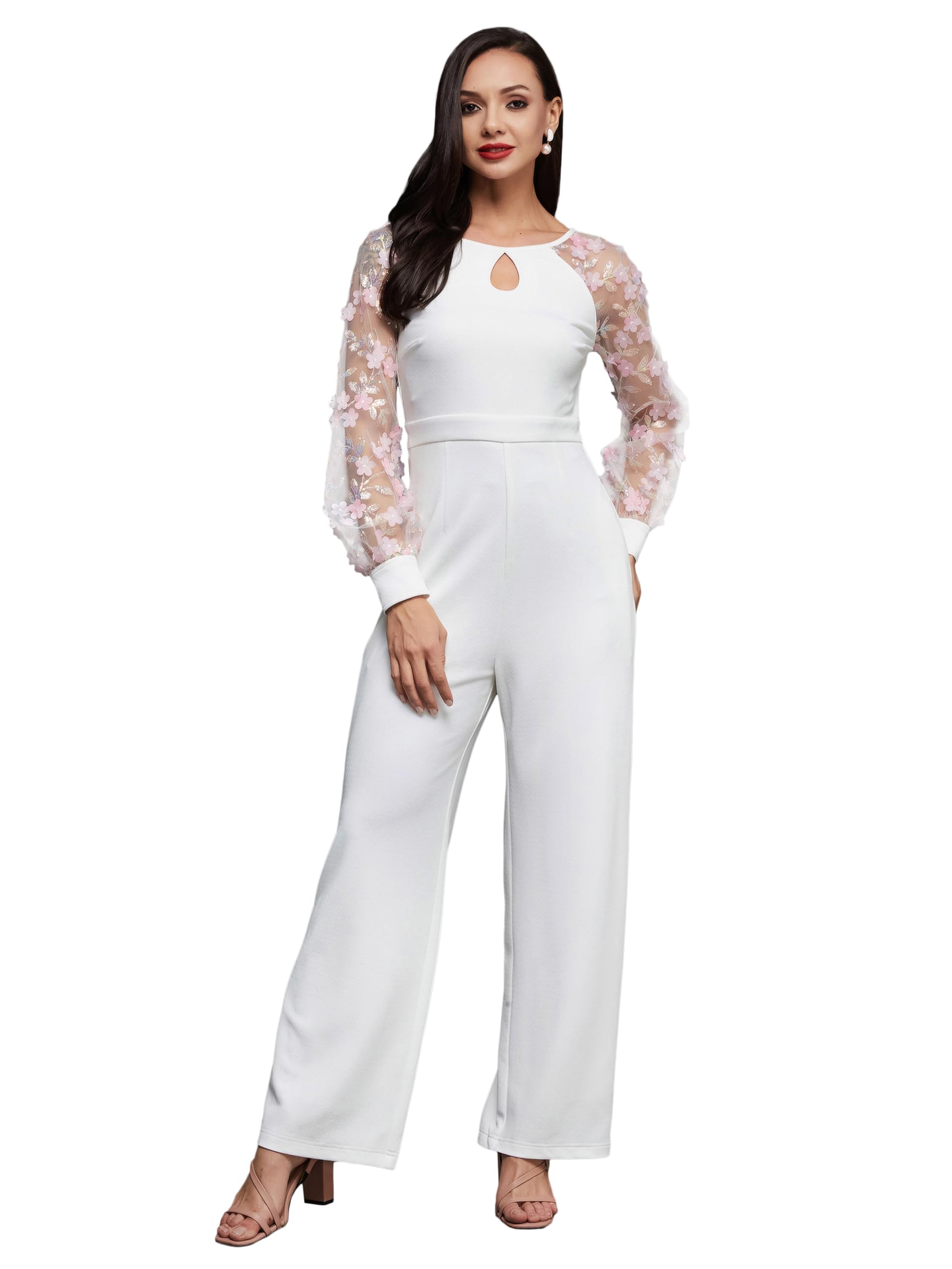 Miss Chase Womens Floral Keyhole Neck Bishop Sleeves Jumpsuit (MCSS23D15-90-114-04, Off White, M)