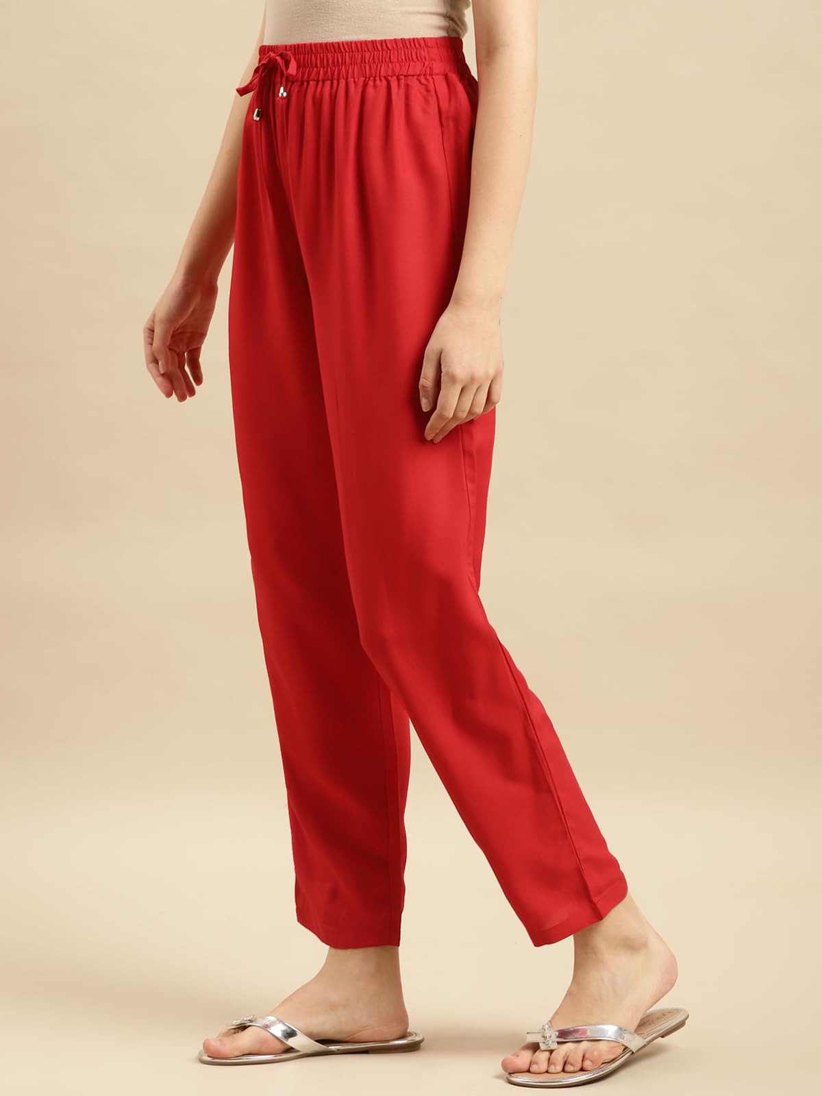 rangita Women Rayon Red Solid Ankle Length Straight Pant