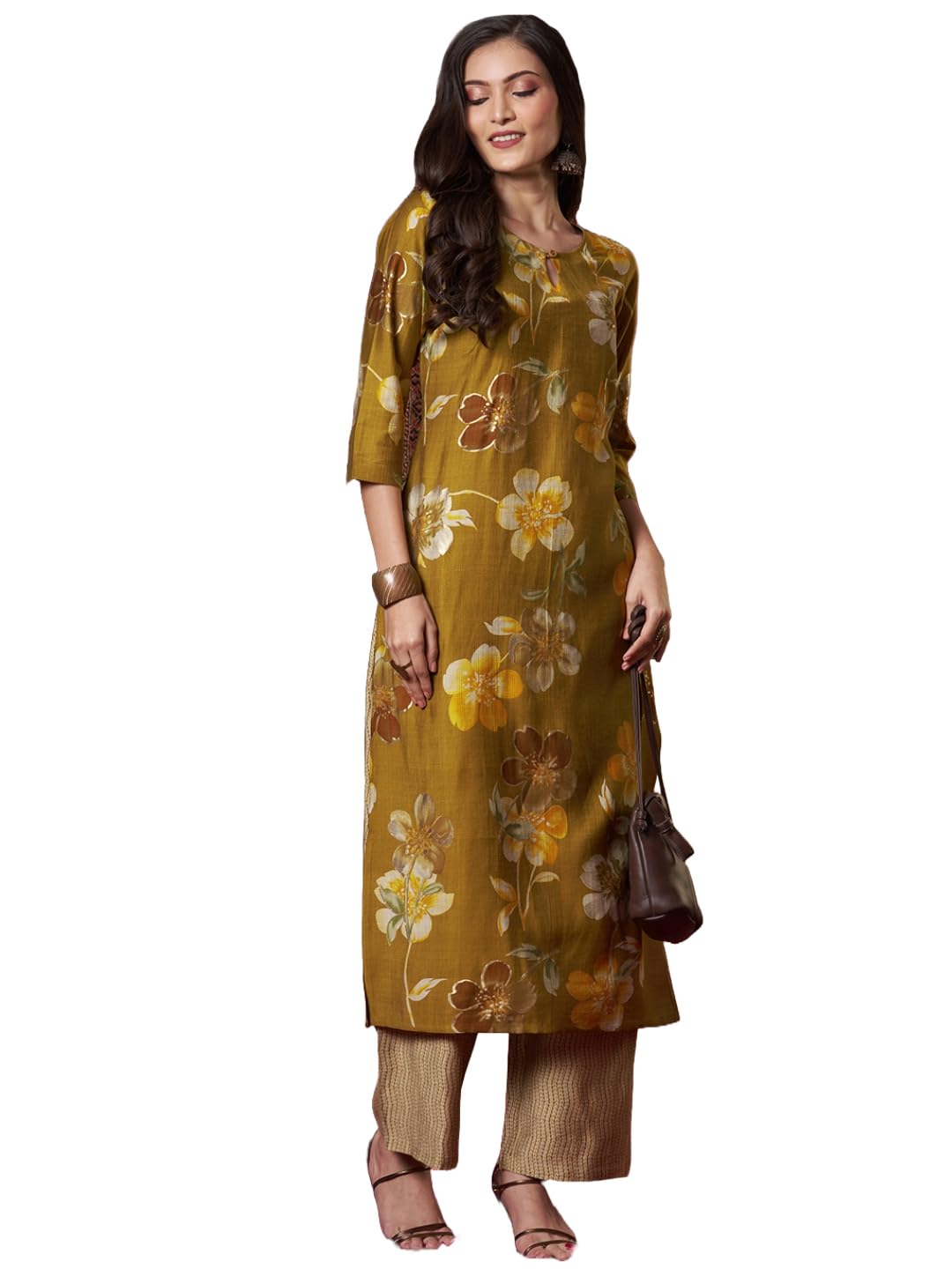 ANNI DESIGNER Womens Rayon Blend Straight Printed Kurta with Pant (KEJRI Gold_S_Gold_Small)