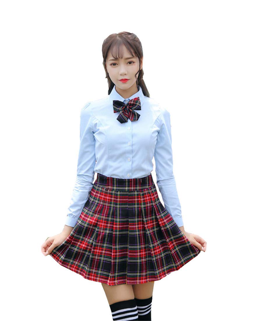 Girl's Japan School Plaid leated Uniform Fancy Skirts (S,Black Mixed Rose Red)