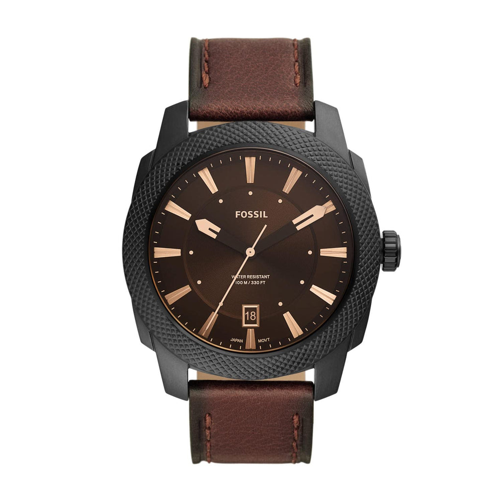 Fossil Men's Machine 49mm Quartz Stainless Steel and Leather Three-Hand Watch, Color: Black, Brown (Model: FS5972)
