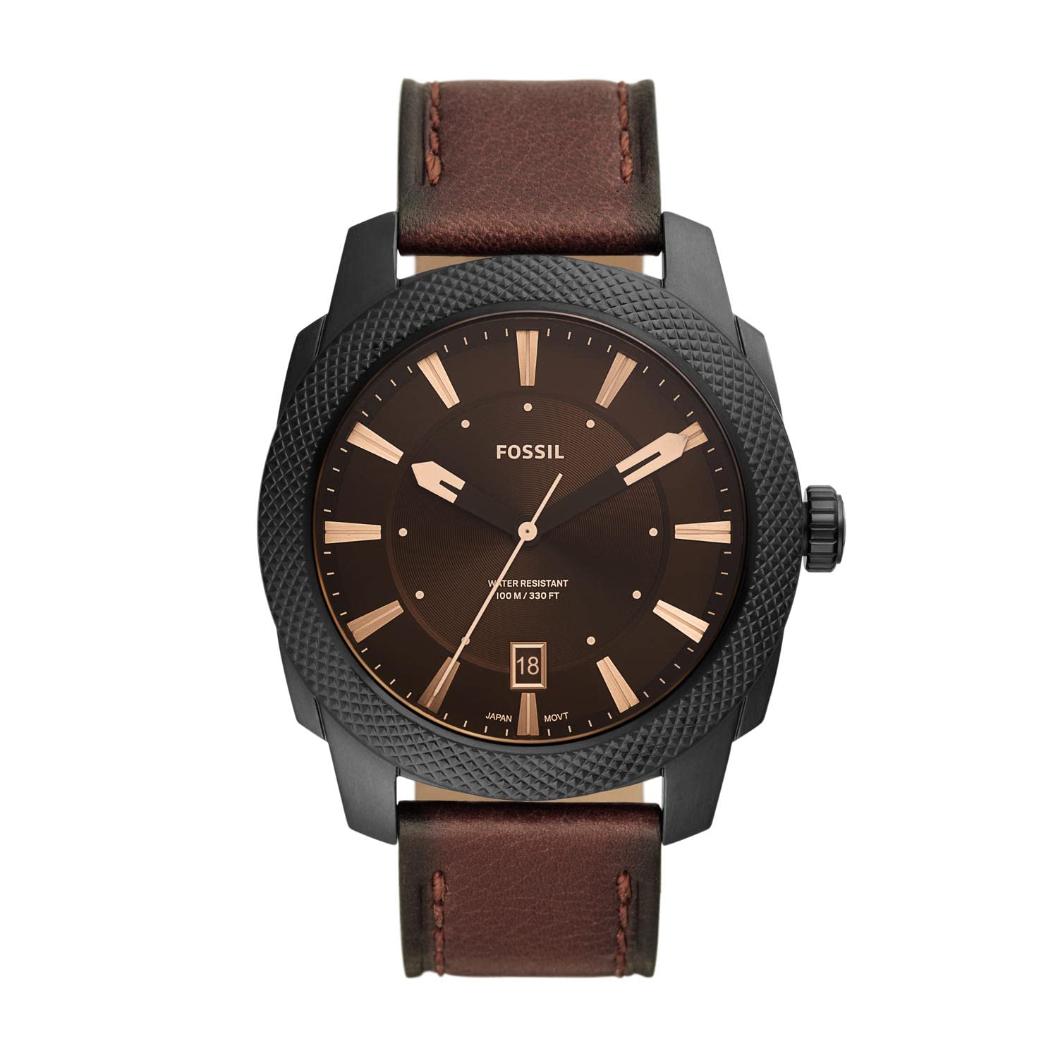 Fossil Men's Machine 49mm Quartz Stainless Steel and Leather Three-Hand Watch, Color: Black, Brown (Model: FS5972)