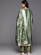 Varanga Women Green Geometric Woven Texture Straight Kurta Paired With Tonal Bottom And Dupatta