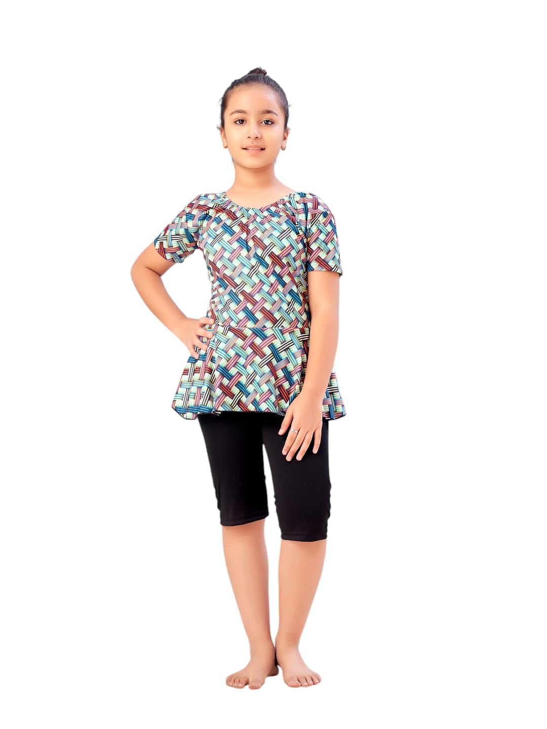 Aarika Girls Sports Wear Sea Green-Black Colour Check Print Nylon Swim Suit (5-15 Years)-(SW-SHM-C-1116)