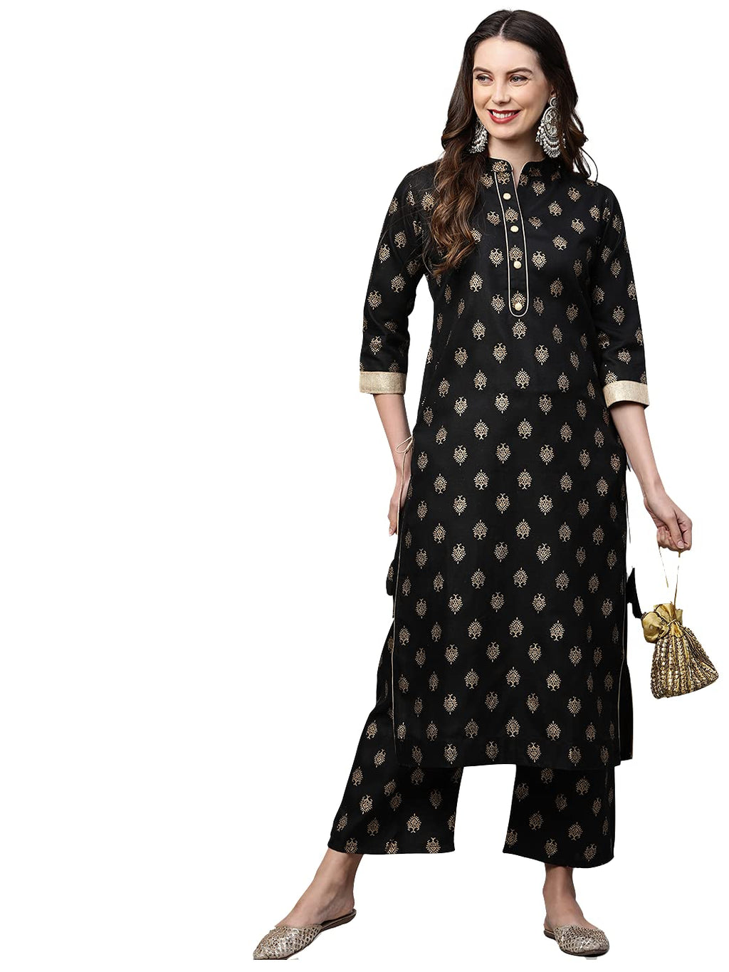 Gosriki Women'S Cotton Straight Kurta With Palazzo Set (Parbeen Black_M-Go_Black_Medium)