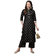 Gosriki Women'S Cotton Straight Kurta With Palazzo Set (Parbeen Black_M-Go_Black_Medium)