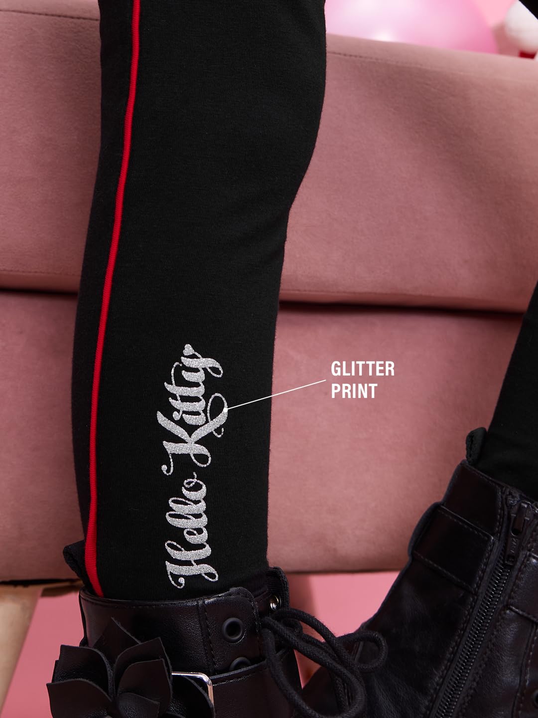 The Souled Store Official Hello Kitty: Glitter Girls Pull On Black Cotton Leggings