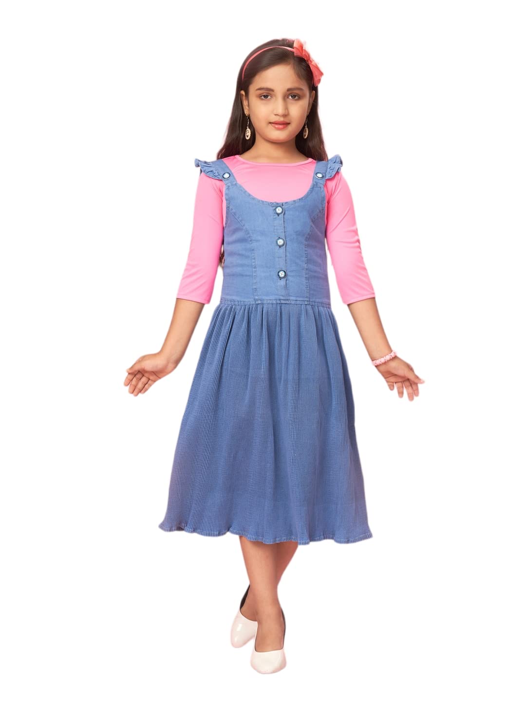 Aarika Girls Blue-Pink Color Cotton Blend Solid Dress (DR-31439-BLUE-PINK-22)