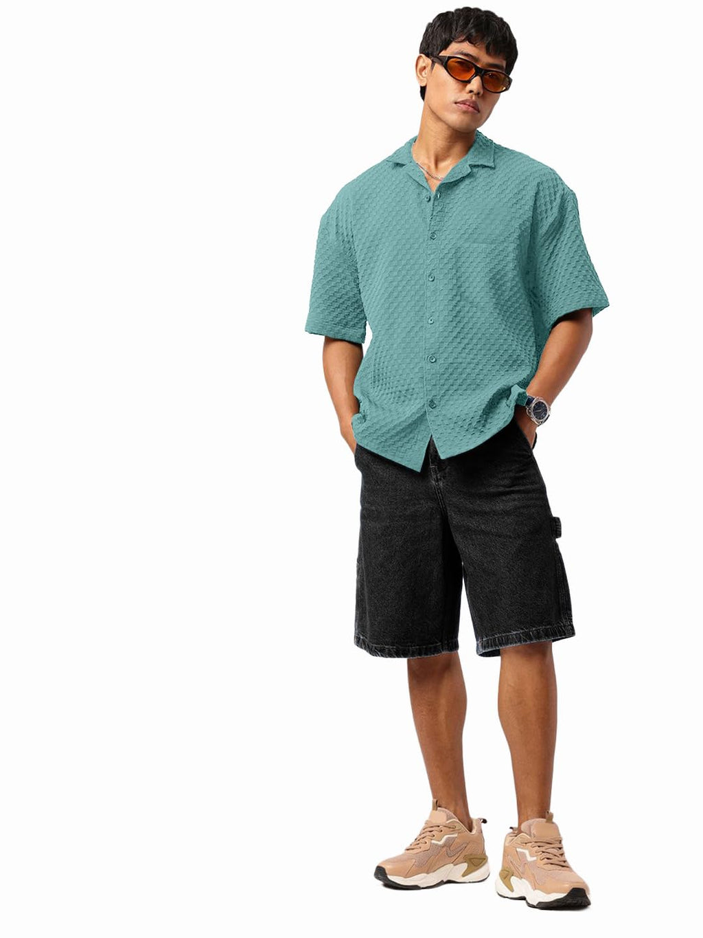 Tee Projekt Mens Regular Fit Popcorn Shirt Half Sleeve Spraed Collar Shirt Mint Green