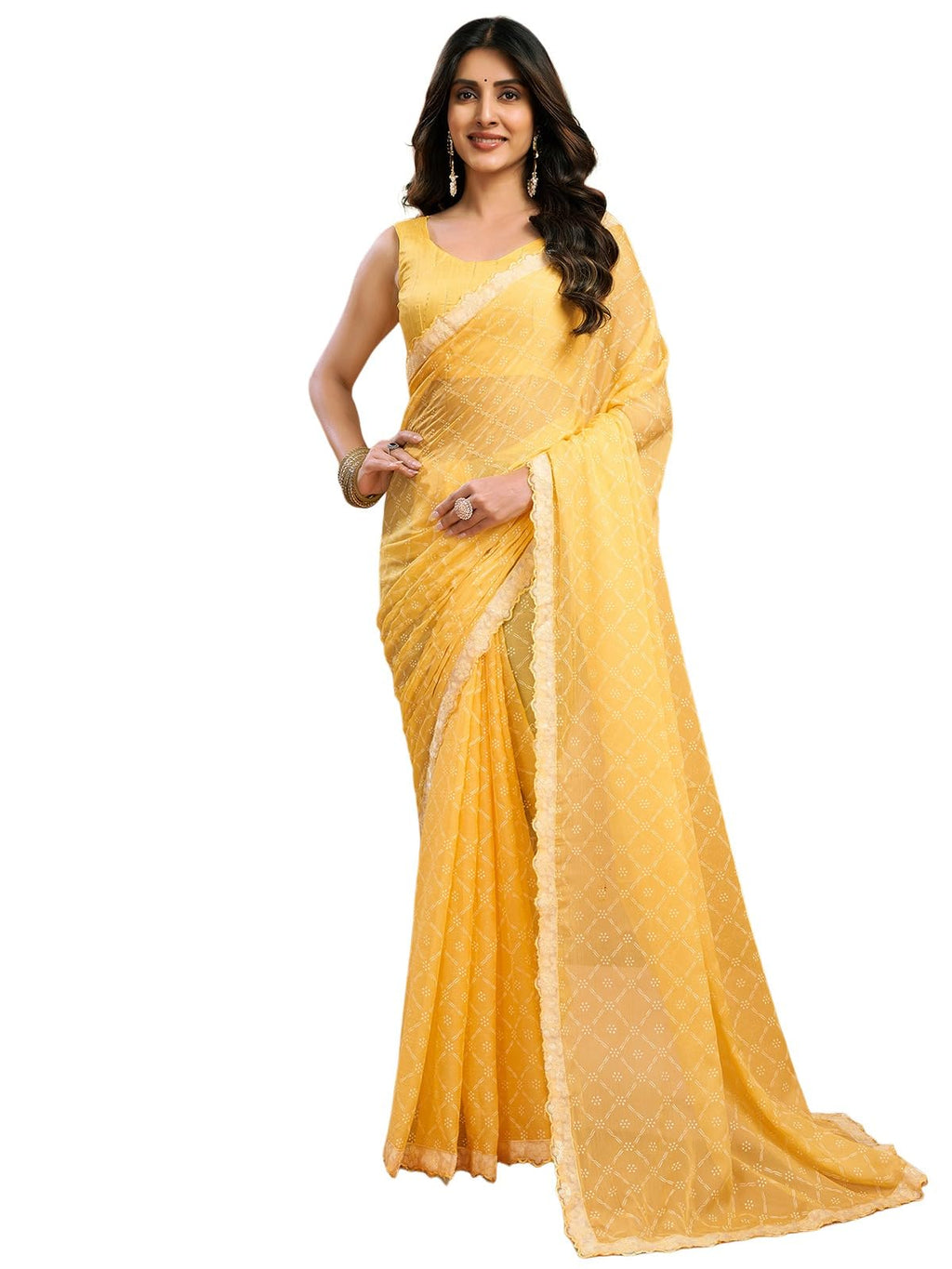 Satrani Womens Chiffon Printed Saree with Unstitched Blouse Piece (4011S6288N_Light Yellow)