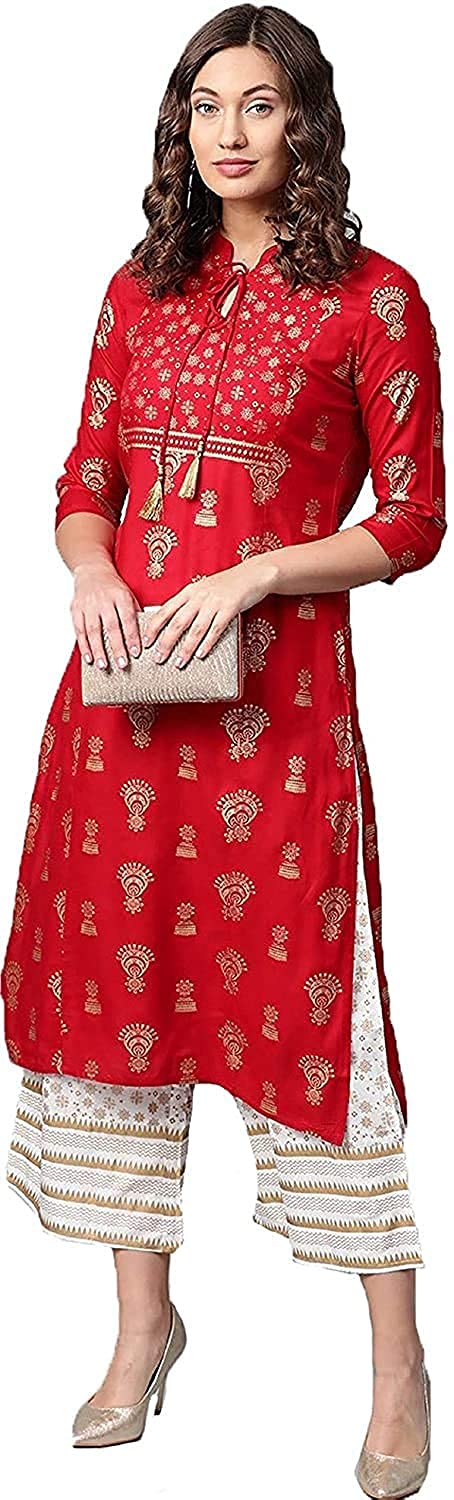 ANNI DESIGNER Women's Rayon Golden Print Straight Kurta Kurta with Palazzo Set (Red,XXL)