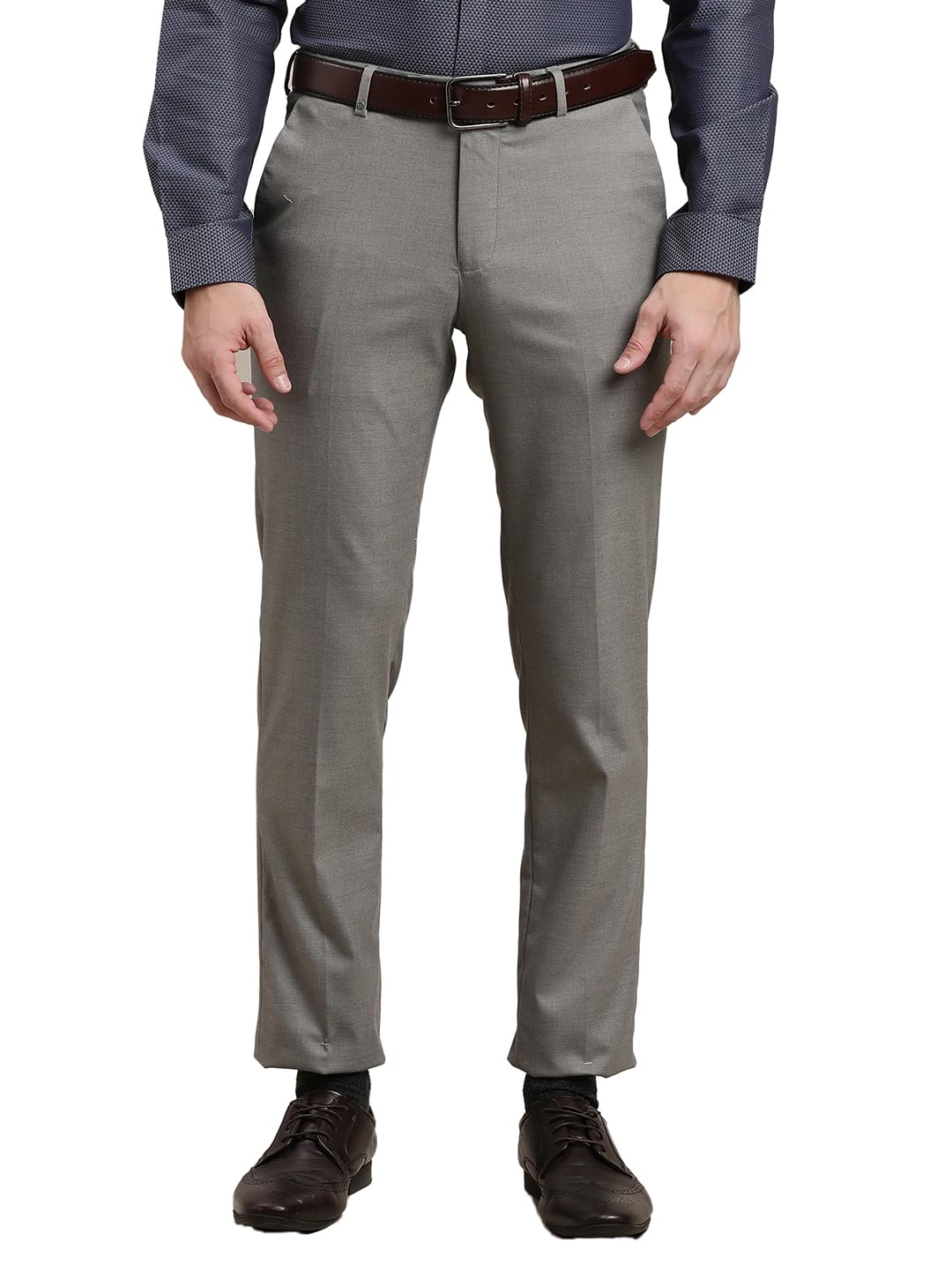 Turtle Men Polyviscose Stretch Slim Fit Checks Grey Flat Front Formal Trouser