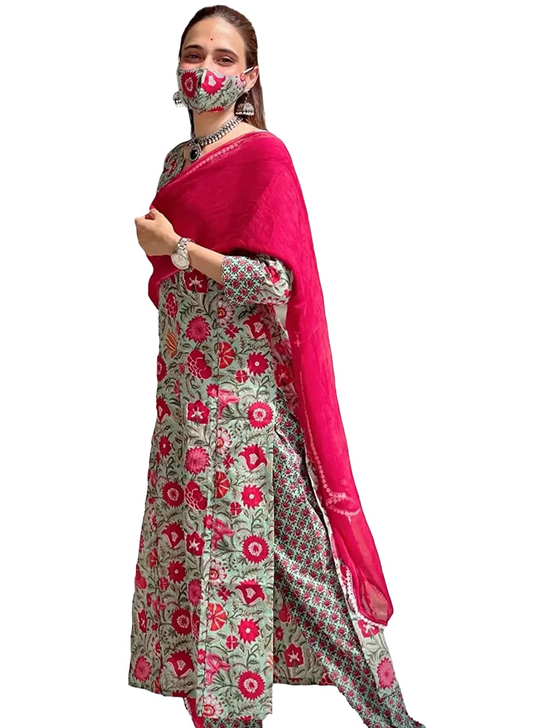 ANNI DESIGNER Women's Cotton Blend Printed Straight Kurta with Pant (TGI-BRC-2004_S_Multicolor_Small)