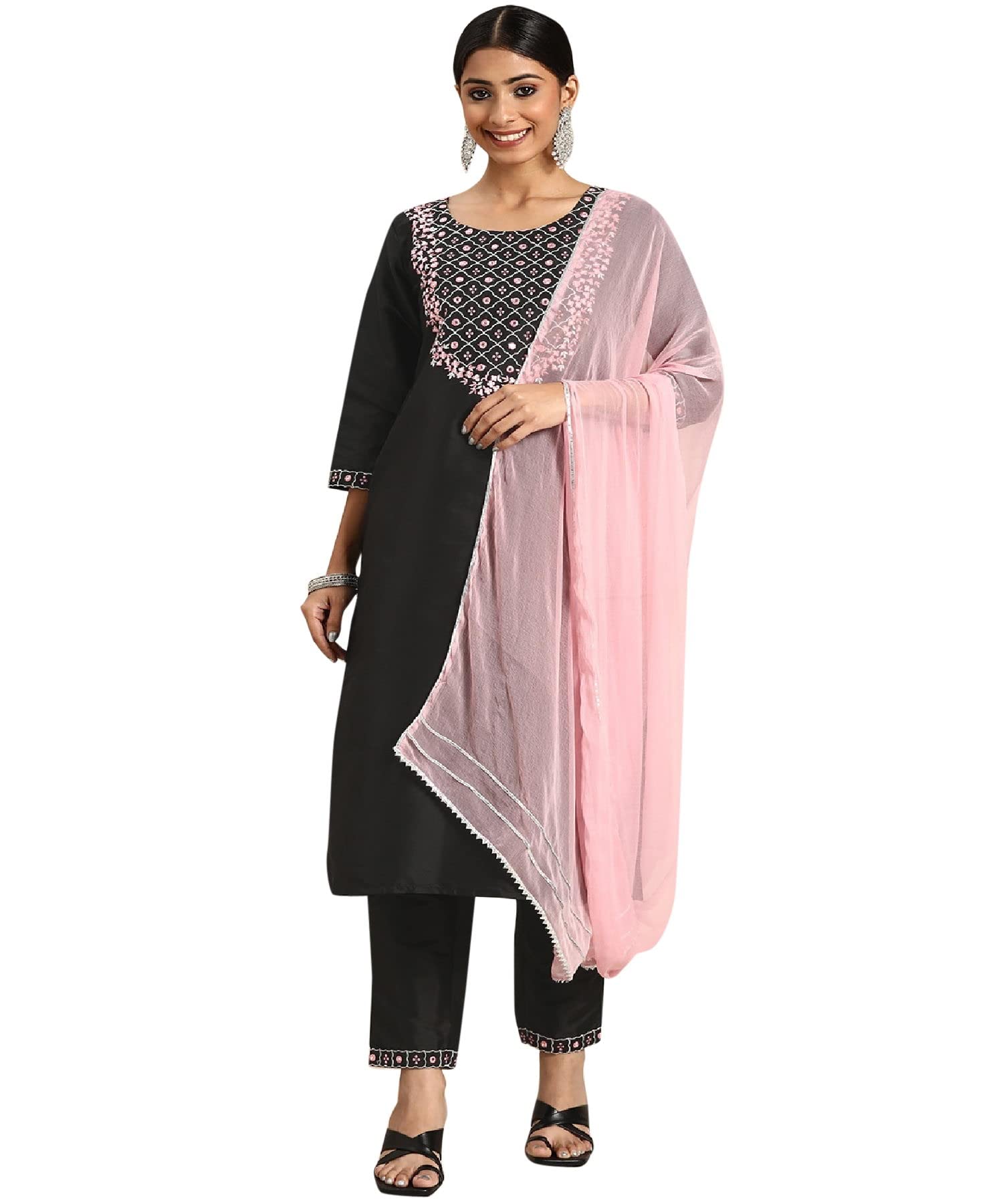 Lookmark Womens Art Silk Kurta And Pant Set With Dupatta Black-Pink