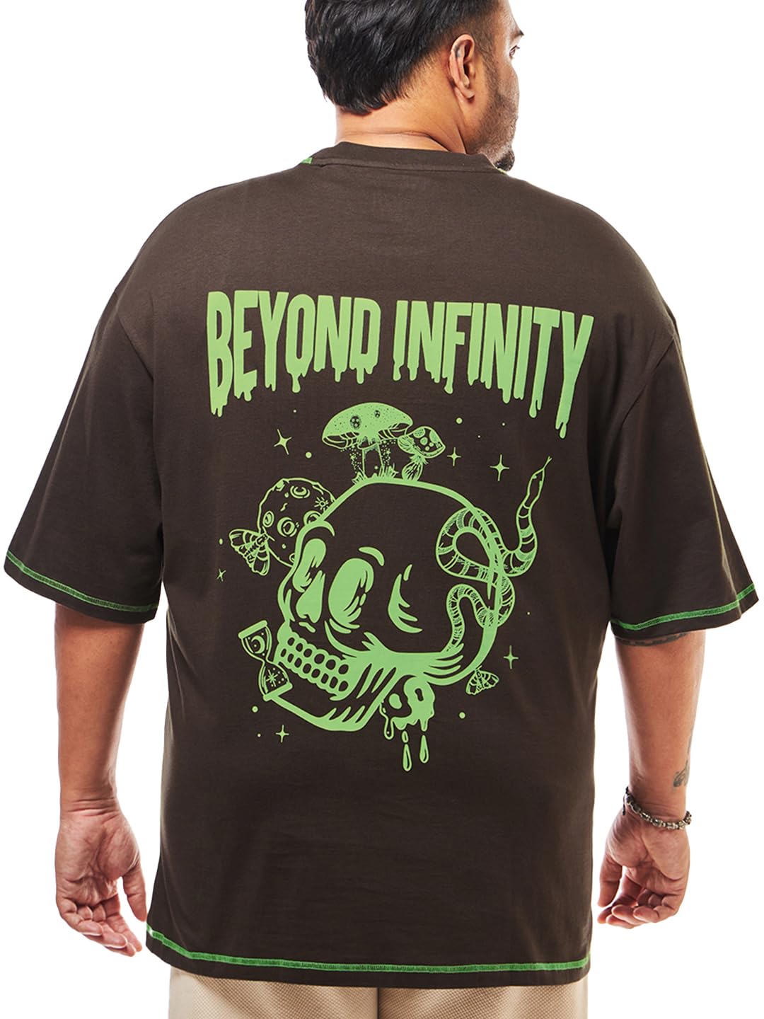 Bewakoof Mens Printed Oversized Fit Half Sleeve Round Neck Pure Cotton Plus Size T-Shirt_627919_Brown_4XL