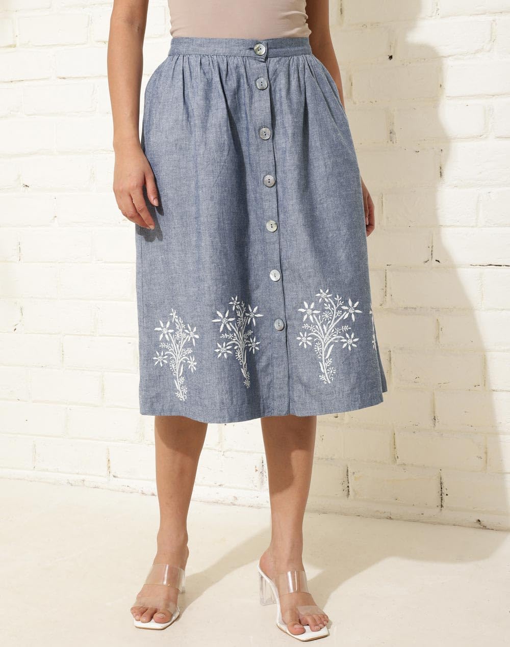 Fabindia Blue Cotton Chikankari Midi Skirt
