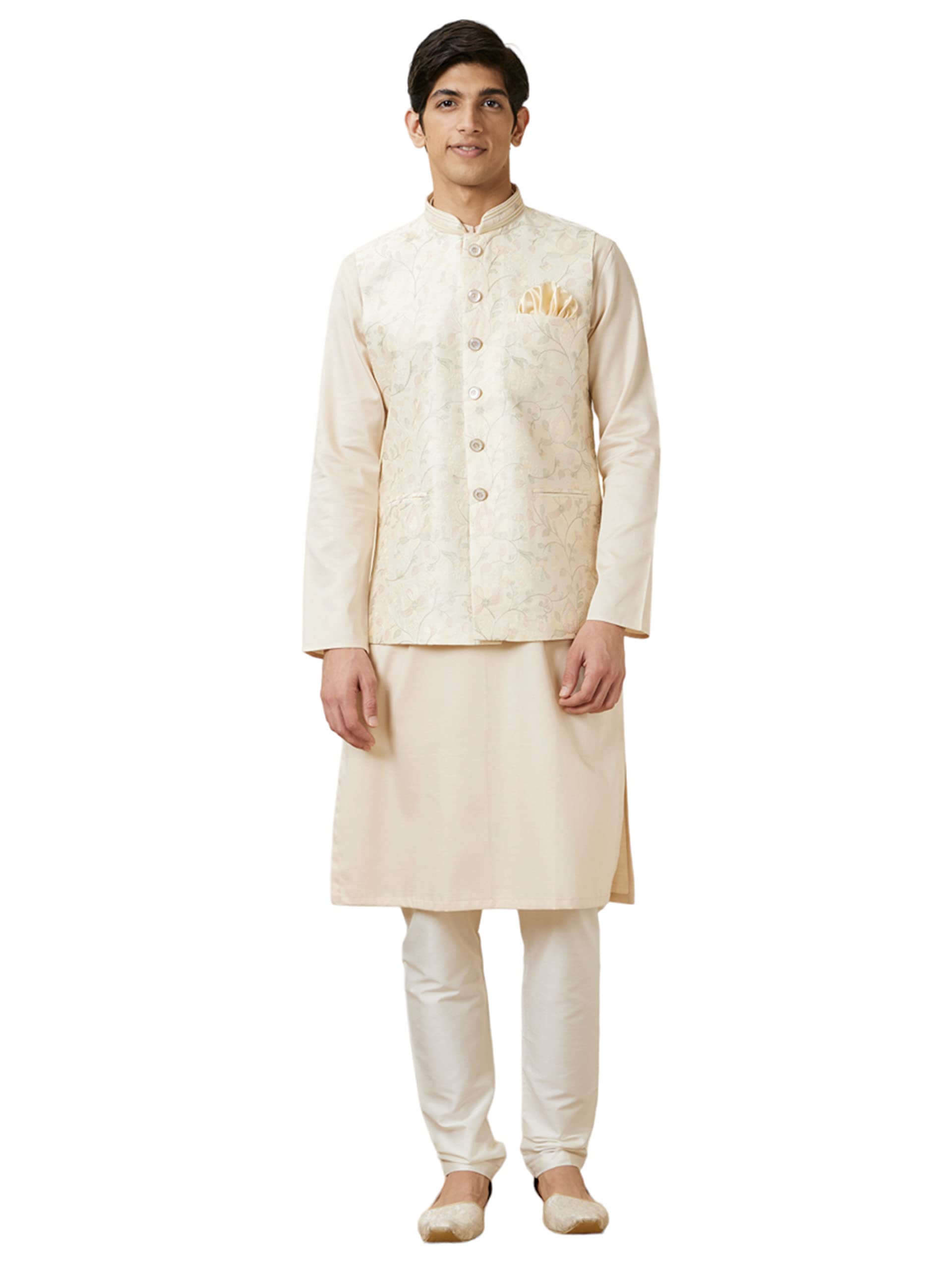 Manyavar Mens Blended Viscose Self Design Sleeveless Mandarin Collar Traditional Nehru Jacket (Cream,XL)