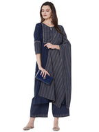 ANNI DESIGNER Womens Cotton Blend Straight Printed Kurta with Pant & Dupatta (Jam001-Dark Blue_S_Dark Blue_Small)