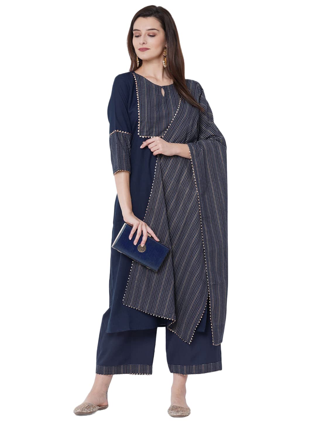 ANNI DESIGNER Womens Cotton Blend Straight Printed Kurta with Pant & Dupatta (Jam001-Dark Blue_S_Dark Blue_Small)