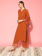 Varanga Women Rust Straight Kurta Set With Tonal Bottom  Relaxed Fit, Casual & Semi-Formal Wear, Comfortable Cotton Kurta For Wo
