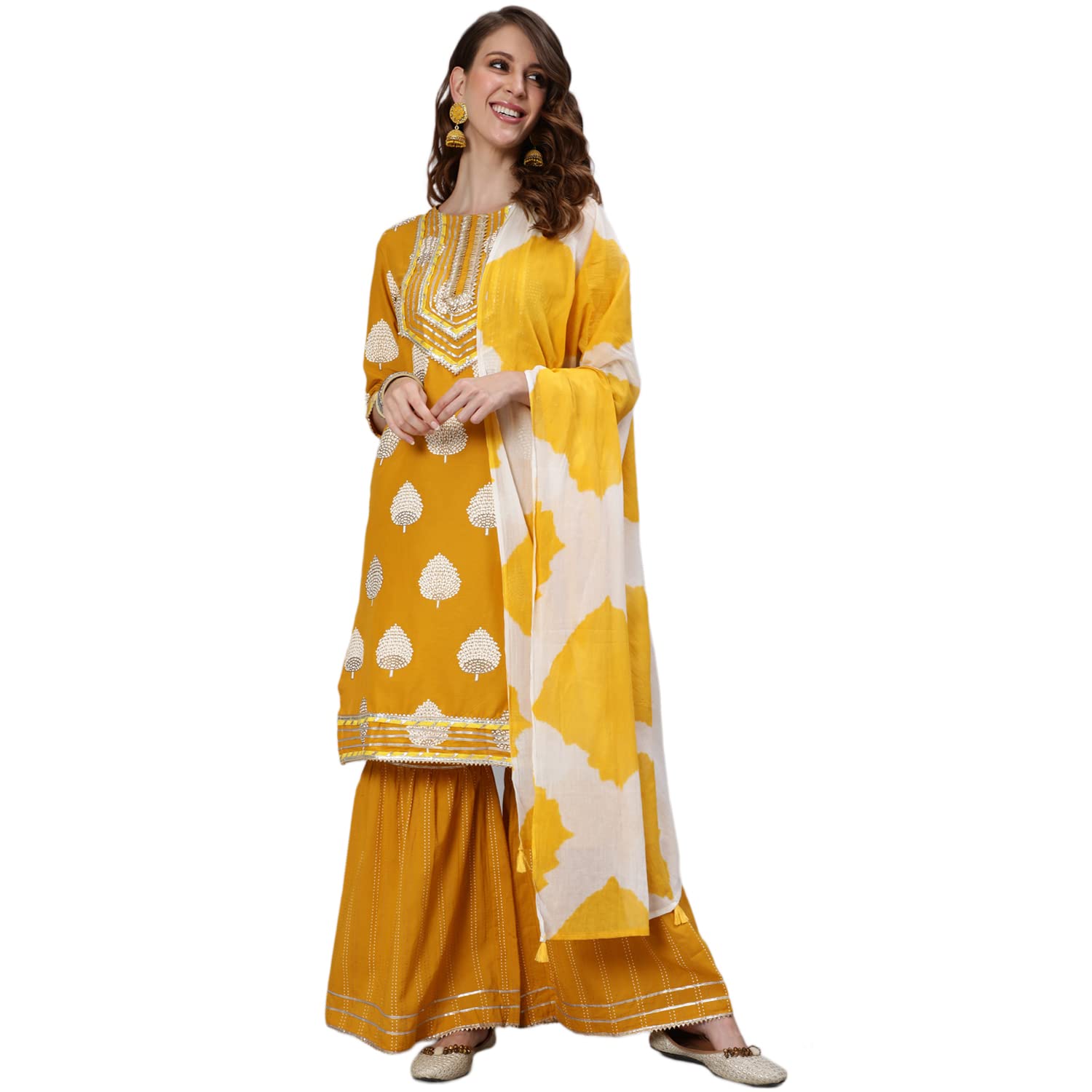 Ishin Women'S Mustard Embroidered A-Line Kurta Set With Sharara And Dupatta