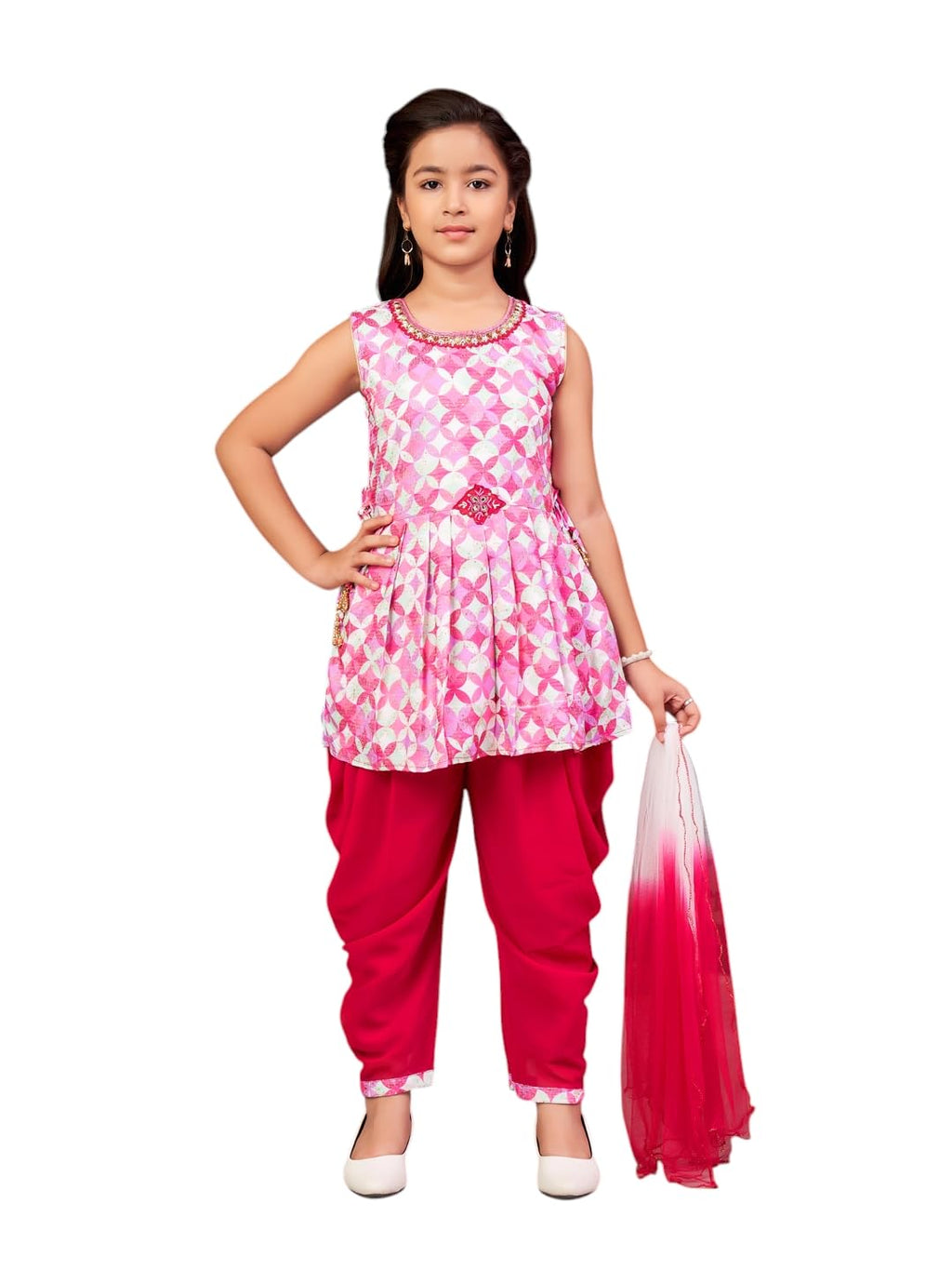 Aarika Girls Ethnic Wear Rani Colour Floral Print Beads Embroidery Cotton Blend Dhoti Kurta Set With Dupatta-4-9 Years (Dh-Shm-5