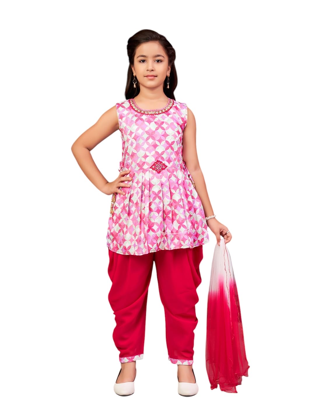 Aarika Girls Ethnic Wear Rani Colour Floral Print Beads Embroidery Cotton Blend Dhoti Kurta Set With Dupatta-4-9 Years (Dh-Shm-5