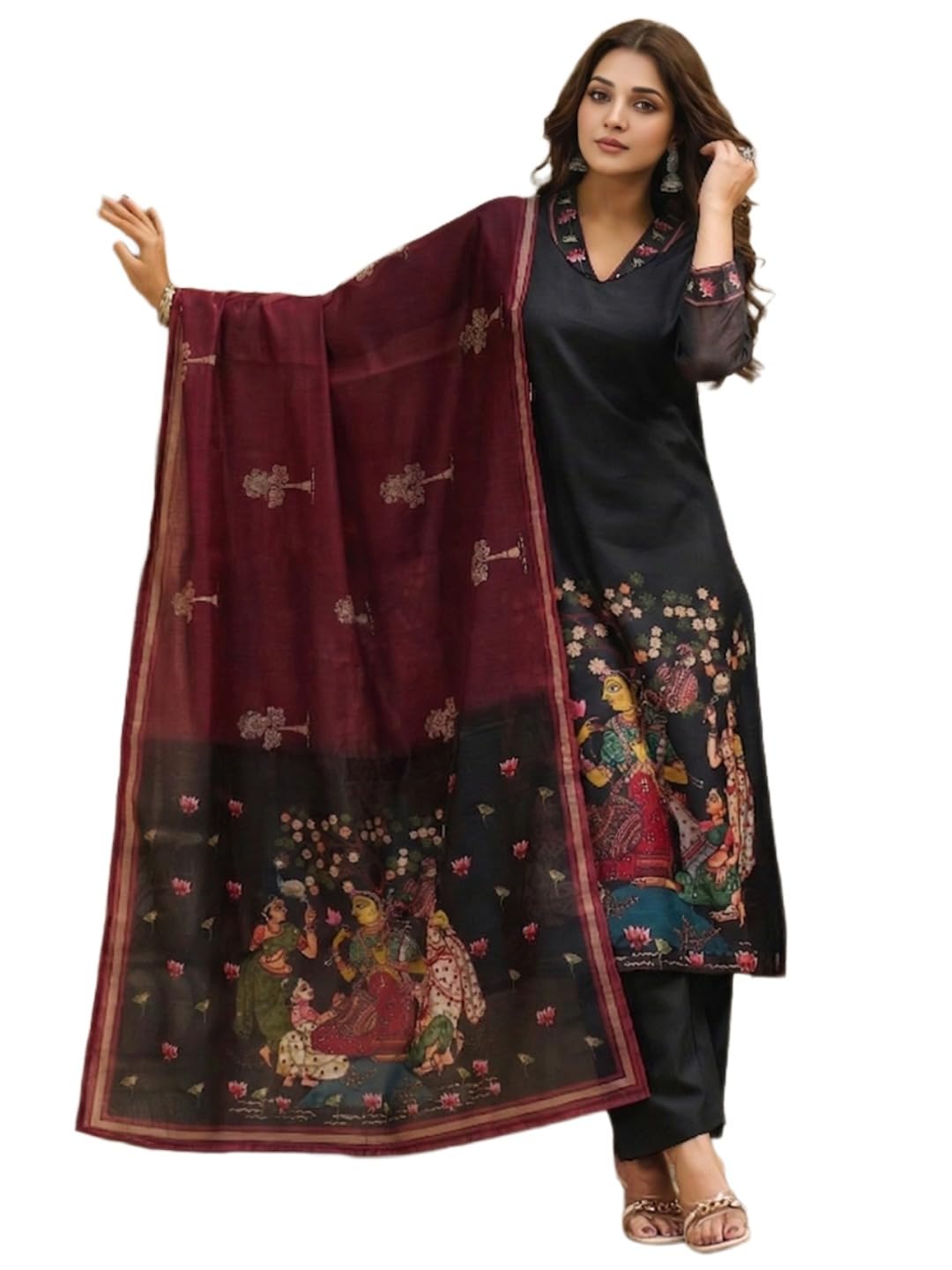 ANNI Designer Womens Viscose Blend Printed Straight Kurta with Pant & Dupatta (Divyam Black-VKS01_XXL_Black_XX-Large)